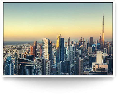 BilderKing Wandbild Skyline Dubai - 150cm x 100cm Leinwand auf 2cm Keilrahmen mit Schattenfugenrahmen weiß