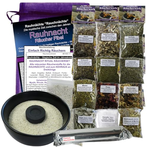 RAUHNÄCHTE Räuchern & Ausräuchern 19-TLG Ritualset 12x Räucherwerk für Jede Rauhnacht mit SAGE + WEIHRAUCH + MYRRHE + KAMPFER UVM. 7X ZUBEHÖR mit RÄUCHERSCHALE & Rauhnacht-Fibel. 81900-17S