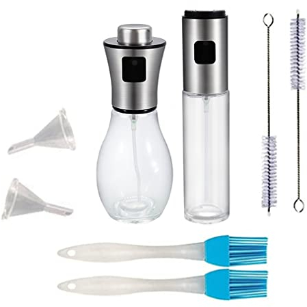 ELECTROHOGAR Pack Pulverizador Aceite Spray Con Botella Aceitera Cristal 100ml y 200ml + 6 Accesorios | Ideal Para Freidora De Aire | Dosificador Aceite Spray Para Cocina | Aceitera Spray (Pack 1)