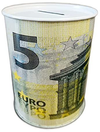 Salvadanaio Soldi Carta Moneta Banconote Vintage decorativi risparmi bambini adulti portamonete barattolo in latta metallo non apribile 12,5 x 11 CM (5 EURO)