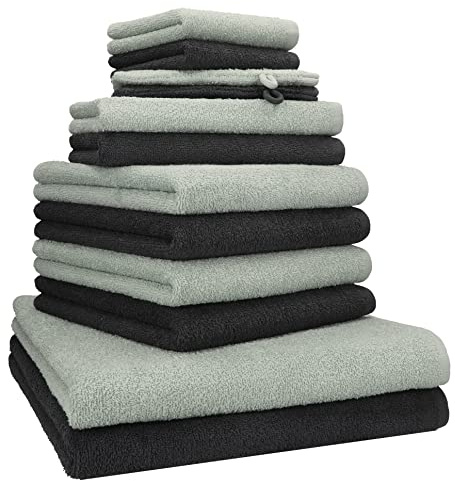 Betz Handtuch Set 12-teilig – 2 Duschtücher 70×140 cm, 4 Handtücher 50×100 cm, 2 Gästetücher 30×50 cm, 2 Seiftücher 30×30 cm & 2 Waschhandschuhe, 100% Baumwolle Oeko-TEX® Jade/Graphit Berlin