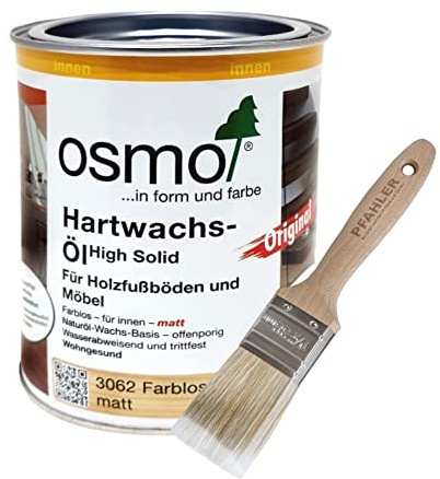 Osmo Hartwachs-Öl Original 3062 0,75 l farblos matt für innen + Flächenstreicher Pinsel von Pfahler Gratis. Holzschutzmittel Landhausdielen Korkfußboden Möbeloberflächen