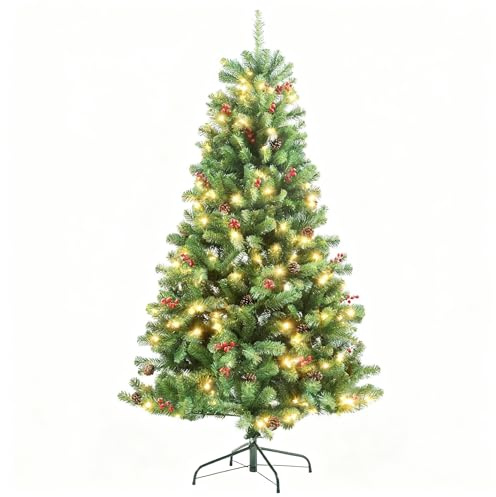 4Ft/1.2m Pre-Lit Artificial Christmas Tree Maryland Fir Green Pine Tips Decorated with Red Berries and Pine Cones Warm White LEDs Xmas Home Decorations Metal Stand
