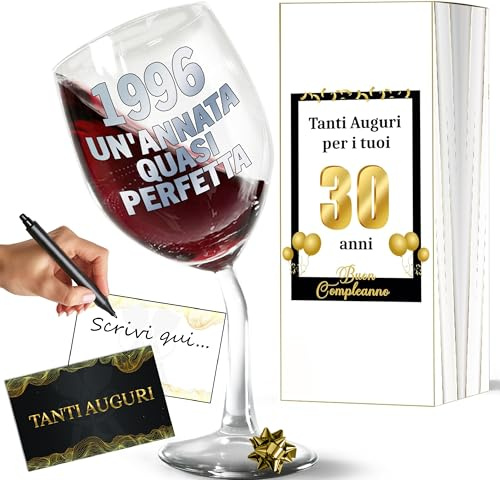 Aurìca Calice Vino Personalizzato 30 ANNI - Bicchiere Piegato Da 440ml In Cristallino Per 30 Anni Compleanno Donna E Uomo Con Scatola Regalo Inclusa - Regalo Originale 1996 Un’Annata Quasi Perfetta