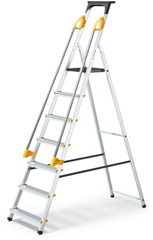 HOSTRÖM Escabeau 7 marches DURAMP sécurisé avec rampes, Tablette Porte-Outils, marchepied Pliable Aluminium, Hauteur Plateforme 140cm, Garantie 5 Ans