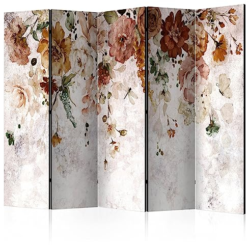 decomonkey Paravent Raumteiler Innen Bunte Blumen 225x172 cm 5 Teilig Einseitig Room Divider Wall Raumteiler Stehend Trennwand Sichtschutz Spanische Wand Sichtschutzwand Wohnzimmer Holz Natur