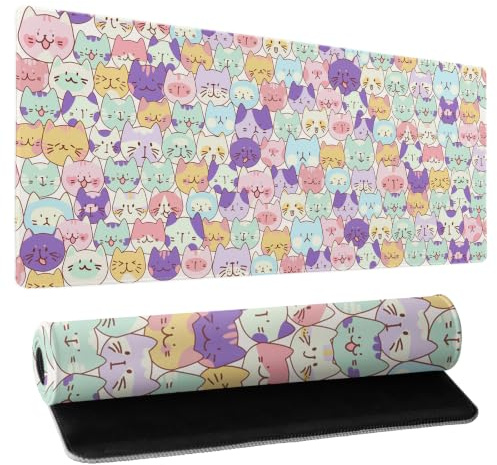 Mauspad mit niedlicher Katze, XXL, groß, 89,9 x 40,1 cm, erweitertes Gaming-Mauspad, Kawaii-Katzen-Mauspad für Frauen, Schreibtischunterlage mit genähten Kanten, XXL, rutschfeste Unterseite,