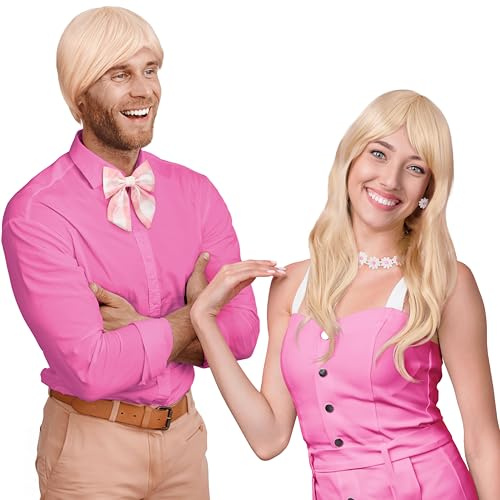 SET blond långhårig peruk + rosett + örhängen & män peruk blond