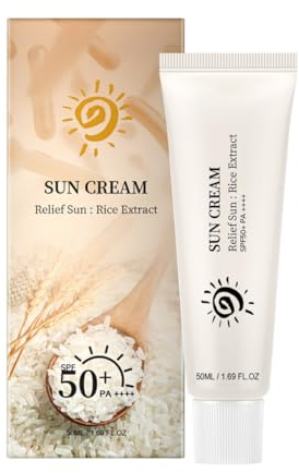 Relief Sun Sunscreen, Rice Extract Sunscreen Cream SPF50+ PA++++, Moisturizing UV Defense Facial Sunscreen Cream for All Skin Type, 50g
