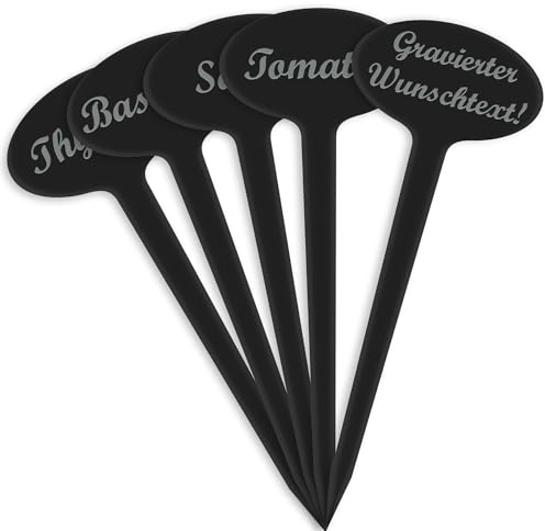 GRAVURZEILE 5er Set Pflanzenschilder mit Gravur - Zum Selbstgestalten - Stilvolle Kräuterschilder aus schwarzem Acryl für den Garten - Kräuterstecker geeignet für Beet & Kräutergarten - 5er Set