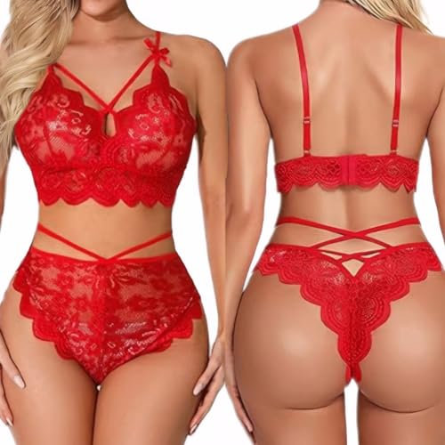 KFLY Sexy Bra and Panties Set Lace Floral Embroidery Push Up Bra with Sheer G-String See Through Lingerie Set 2 Pieces Underwear Crisscross Nightwear for Valentine‘s Day Daily Wearing(Red, 2XL-3XL)