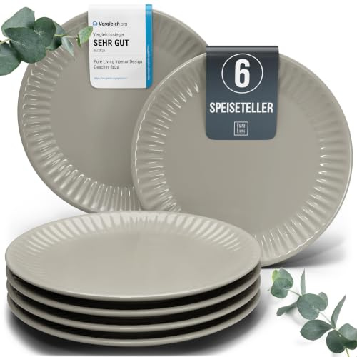 Steingut Teller Groß 6 Personen Hygge TESTSIEGER, Traumhaftes Skandinavisches Steingut Speiseteller Set, Stylisches Essteller Set, Pure Living in Hellbraun