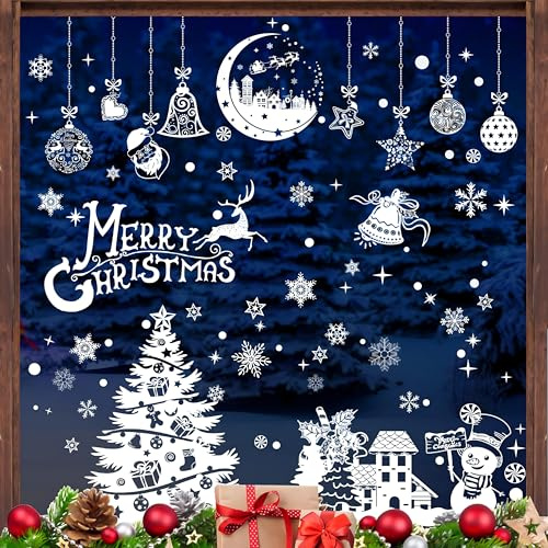 AhfuLife 9 Fogli Vetrofanie Natalizie per Finestre, 202 Pezzi Adesivi Natalizi per Finestre Riutilizzabili, Doppio Lato Stickers Vetri di Natale, Decorazioni Vetro Natale per Vetrine Negozio e Casa