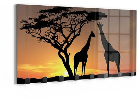 DEQORI Wandgarderobe Glas & Metall | Motiv Afrikanische Eleganz | 60x30 cm | Design Haken-Leiste modern | Garderoben-Paneel für Flur, Wohnzimmer & Schlafzimmer | magnetisch & beschreibbar