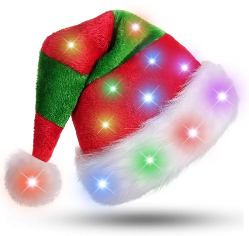 Hifot LED Weihnachtsmütze Erwachsene,Nikolausmütze Plüsche Weihnachtsmann Mütze mit Licht Rote Santa Mütze für Weihnachtsfeier - Batterie Nicht Inbegriffen