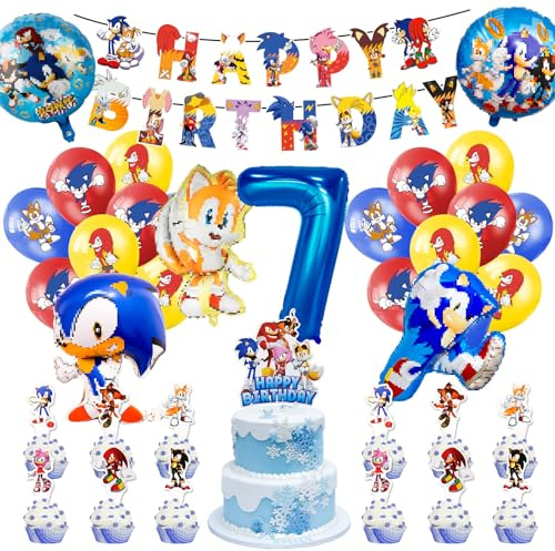 38PCS Sonic Birthday Party Decorations, 7th Party Birthday Supplies with Happy Birthday Banner Cake Topper Balloons for for Girls Boys Kids Birthday Party