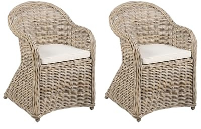 Beliani Gartensessel mit hoher Lehne Rattan natürlich 2er Set Auflagen beige Susua II