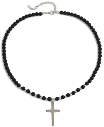 KnSam Edelstahl Kette Männer Silber, Edelstahl Partnerketten Bead Kette mit Anhänger Kreuz Form, Bead-Kette, 55CM