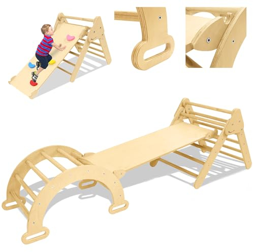 TATIVALO klettergerüst Indoor Kletterdreieck mit Rutsche und Kletterbogen Klappbar 3 in1 Klettergerüst Indoor Pikler Dreieck, Holz für Kinder