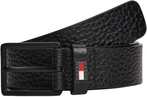 Tommy Jeans Uomo Cintura Elevated Flag 3,5 cm Cintura in Pelle, Nero (Black), 115 cm