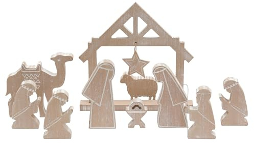 Carousel Home Handcrafted Nativity Set | 10-Piece Wooden Nativity Scene with Figures | Traditional Christmas Stable Crib Scene Figurines