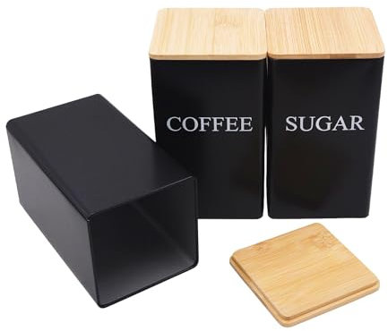 Toolzia Juego de 3 botes de té y café, con tapas de bambú, apilables, fáciles de abrir, herméticos, para almacenamiento de alimentos (negro)