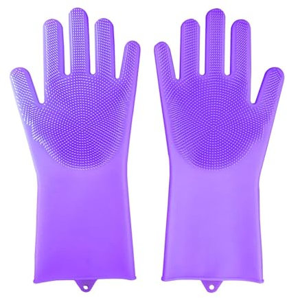 Jingyingtt Dishwashing Cleaning Gloves Magic Silicone Rubber Dish Washing Gloves for Household Sponge Scrubber Kitchen Cleaning Tools(Purple)