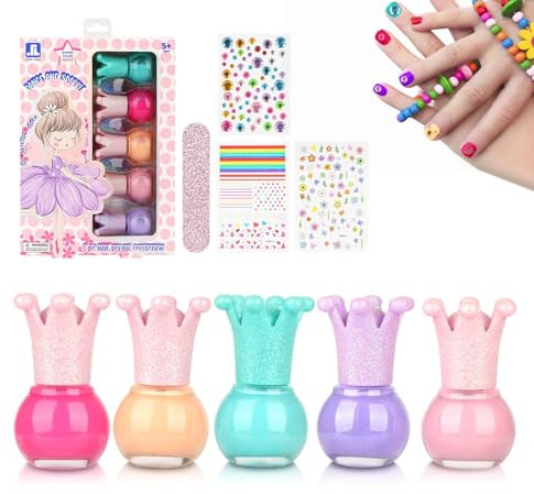 PENCHUAN Kindernagellack Set auf Wasserbasis, 5 Farben Schnelltrocknend Nagelset, Peel Off Kinder Ngellack Mädchen mit Edelsteinen Aufkleber ab 2 3 4 5 Jahre Mädchen Ungiftig,