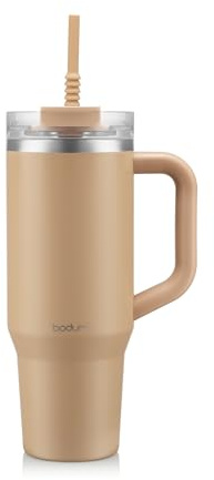 Bodum Travel Mug Tumbler 1.2 L Iced Vanilla Latte - Metal Water Bottle with Straw, Handle and Lid - Dishwasher Safe - for Cold Drinks and Warm Coffee