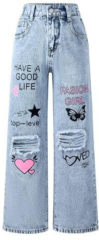 Happy Cherry Jeans Strappati Bambina Denim Pantaloni Gamba Larga Casual Vita Alta Jeans Baggy con Tasche Pantaloni Blu Dritto Fori Vintage per Ragazze 5-6 Anni