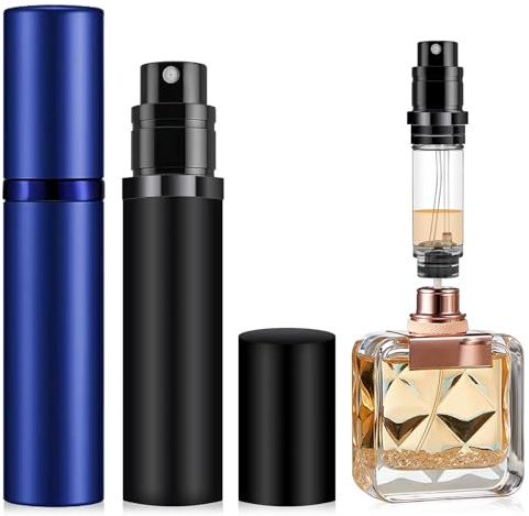 POTWPOT Perfume Atomiser, 2 Pack 5ML Refillable Perfume Spray Bottle Travel Size, Nano Mist, Bottom Pump, Leak Proof Cologne Dispenser for Women and Men (Black & Blue)