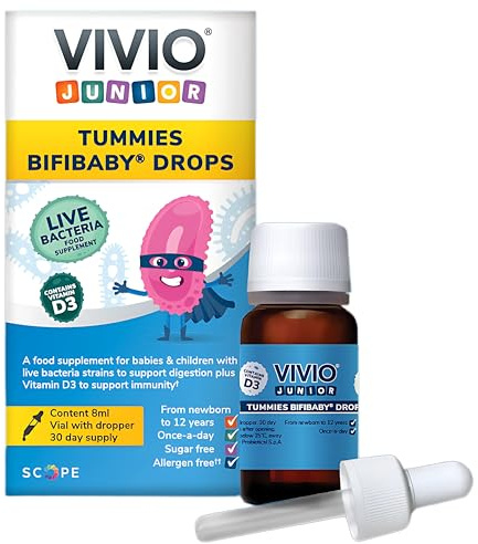 Vivio Junior Tummies Bifibaby Drops - A Probiotic & Vitamin D3 Supplement for Babies & Children with Live Bacteria Strains to Support Gut Health and Immunity (1)