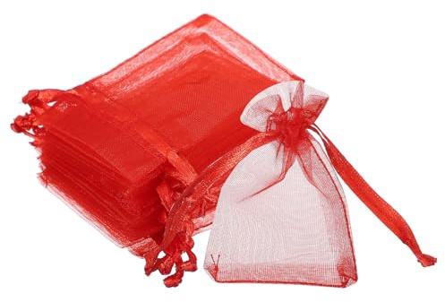 PATIKIL 50 Stück Organzasäckchen, 5x7CM Schmucksäckchen, Geschenk Schmuckbeutel Mit Zugband, Geschenksäckchen Für Party und Hochzeit (Rot)