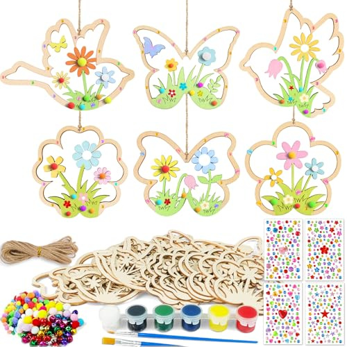 Happirra 129 Stück Bastelsets Kinder, Basteln Mädchen ab 4 5 6 7 8 9 10 Jahre, Holz Schmetterling Deko Kindergeburtstag, Basteln DIY Bemalen Herbst, Kreativ Geburtstag Geschenk, Geschenkidee