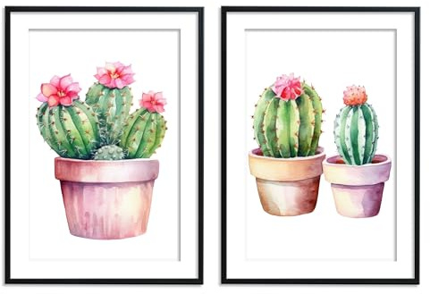 Din A4 Kunstdruck ohne Rahmen - 2er Set - Blühender Kaktus im Topf - Kakteen Sukkulente - Aquarell Druck Poster Bild