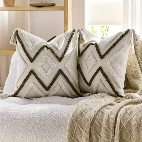 YULUOSHA 2-teiliges Set Dekorative Boho werfen Kissenbezüge weichen Plüsch Couch Kissenbezüge für Haus Lumbal gewebt natürliche Beige Kissen Fall texturierte gestreift gewebt (Grün, 45x45cm)