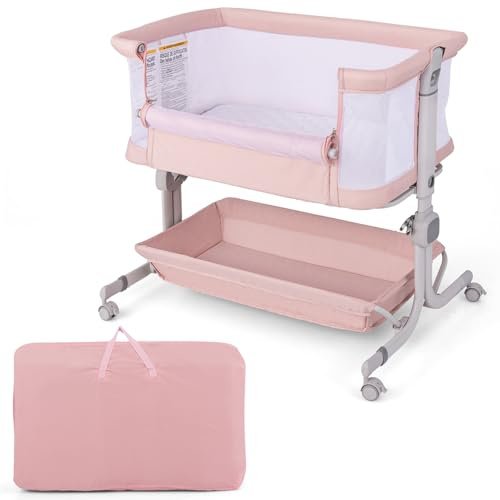 COSTWAY 3 in 1 Beistellbett, Reisebett Baby mit Matratze, Babybett 6 Fach höhenverstellbar mit Aufbewahrungskorb & Tragetasche, tragbarer Stubenwagen mit Rollen für Baby bis 6 Monaten (Rosa)