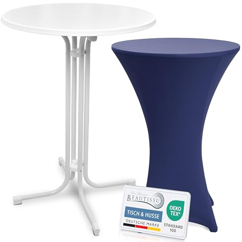 Beautissu Stehtisch klappbar 80cm mit Stretch Stehtischhusse Outdoor | Weiß Blau kratzfest UV- & wetterbeständig Husse rutschfest waschbar & bügelfrei Weißer Bistrotisch Bar Bellini & Stella