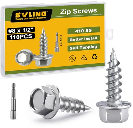 SVLING #8 x 1/2 Self Tapping Gutter Screws, 110PCS 410 Stainless Steel Sheet Metal Screws, Hex Washer Head, 1/4 Hex Bit Socket Included