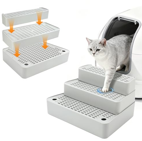 Midollarle Adjustable 3-Step Cat Ramp for Litter Box, Litter Trapper, Grey | Cat Steps for Litter Box, 3/5/7-in Settings, Detachable Steps, Grooves Trap Litter, Non-Slip Pads, Kittens and Senior Cats