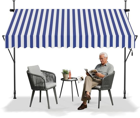Aufun Tenda da sole con manovella a mano, per balcone, 200 x 120 cm, blu e bianco, senza forature, protezione solare in poliestere, resistente ai raggi UV e regolabile in altezza, per terrazze