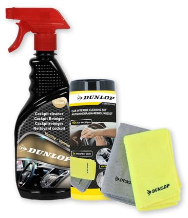 BM TOOLS Pack Nettoyant Cockpit Vanille 500ml et Chiffon Microfibre Dunlop - Tableau de Bord Voiture, Parfum Longue Durée, Entretien