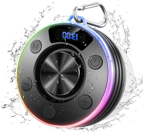 Dyurwa Wasserdichter Bluetooth Duschlautsprecher mit Zeitanzeige, IPX7 Waterproof Shower Speaker, Starker Bass, Saugnapf & Hakenclip, Freisprecheinrichtung, Musikbox für Badezimmer, Strand