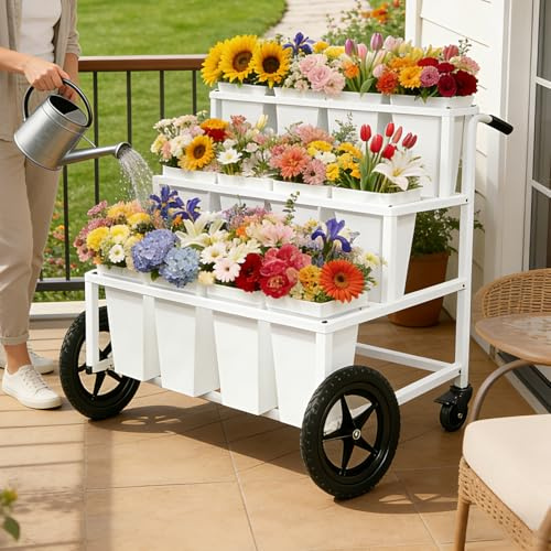 Heavy Duty Flower Cart Display Stand with Large Wheels and Handles, Metal Flower Plant Stand with 12 Buckets, Moving Flower Bouquet Holder for Farmers Market Stand, Flower Bar Supplies for Patio Garden Florist Wedding (White, L33.4*W31.4*H*40.5in)