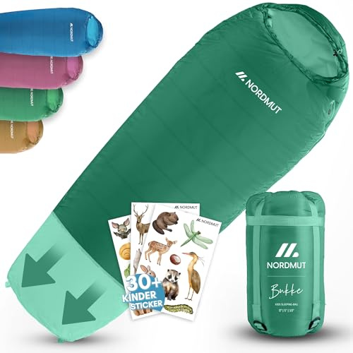 NORDMUT® Sacco a pelo bambini – Cresce con il bambino per protezione –per bambini in materiali non tossici – Sacco a pelo 3 stagioni (200 GSM) per avventure outdoor (Verde)