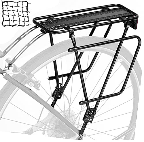 YONTUO Rear Bike Rack, Bicycle Pannier Carrier with Reflector & Cargo Net, Height Adjustable, Fits 26-29 Inch & 700c Non-Disc Brake Bikes