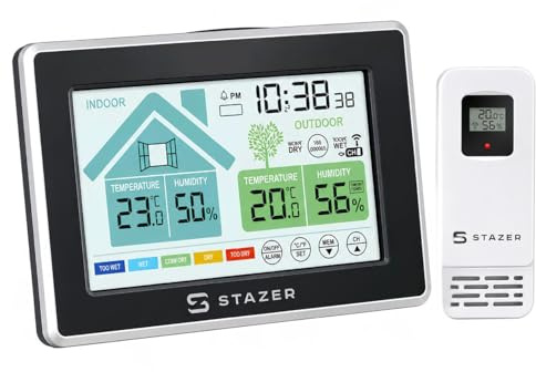 STAZER ClimatiQ Funk Wetterstation mit Außensensor, Thermometer und Hygrometer Innen/Außen, LED Uhr mit Wecker, Schimmelwarnung, Großes beleuchtetes Display