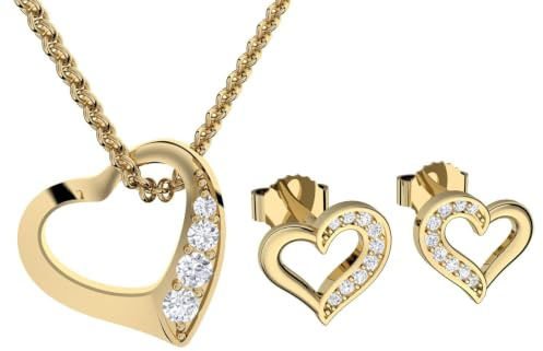 Schmuck-Set Damen Herz-Kette Gold (Silber 925 hochwertig vergoldet) | Herz-Ohrstecker Gold aus Zirkonia von Amoonic Geschenk-Set Frauen Weihnachten Echt-Schmuck strass
