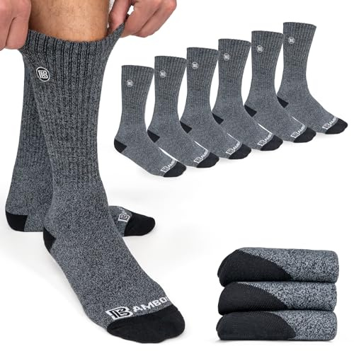 BAMBOO SPORTS Premium Bamboo Rayon Crew Work Socks- Moisture Wicking, Odor Eliminating Heather Gray Crew Socks for Men Size 9-12 - 3 Pair