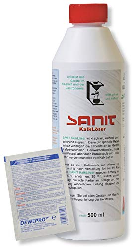 DEWEPRO-Set: SANIT - KalkLöser 3002 - Flasche à 500ml - der Entkalker für alle Geräte in Haushalt und Gastronomie, inkl. 1 St. DEWEPRO® Single Scrubs